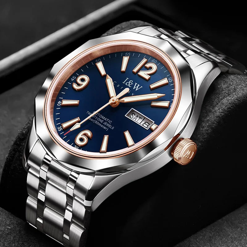 Prabangus mechaninis vyriškas laikrodis „Reloj CARNIVAL“ iš volframo, su automatiniu mechanizmu „MIYOTA 8205“, atsparus vandeniui.