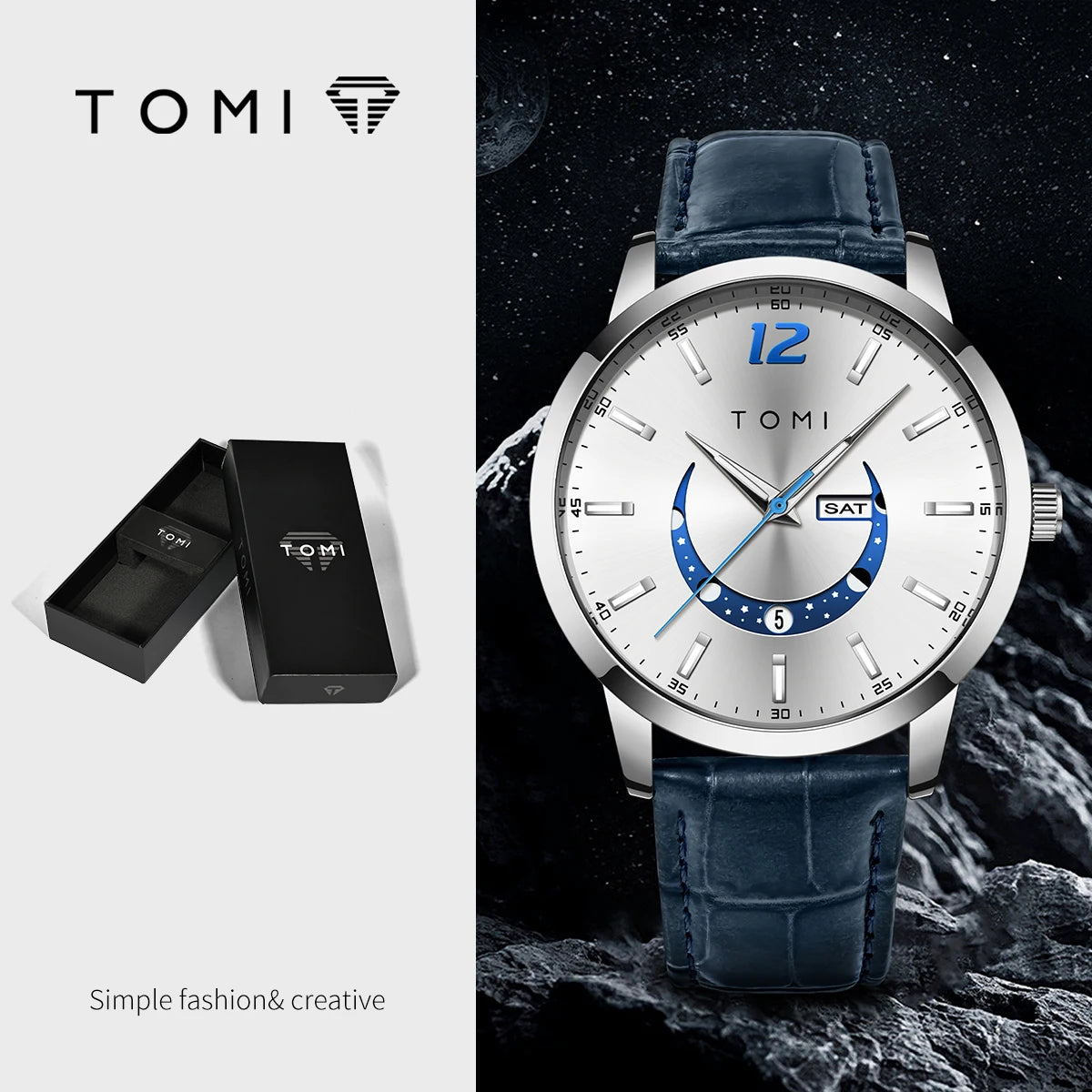 Ceas cu cuarț TOMI, stil business și elegant, cu brățară din piele, carcasă din aliaj și cadran cu ace – Design de înaltă calitate, idee de cadou pentru bărbați