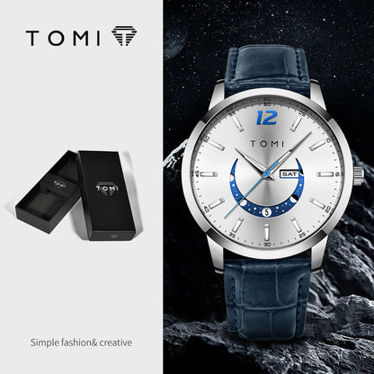 Ceas cu cuarț TOMI, stil business și elegant, cu brățară din piele, carcasă din aliaj și cadran cu ace – Design de înaltă calitate, idee de cadou pentru bărbați