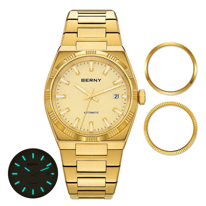 BERNY men’s automatic watch, gold-coloured, sapphire crystal, luminescent hands, 100% genuine, fitted with a PT5000 movement, anti-reflective coating, luxury model with interchangeable bezel, water-resistant to 5 ATM.
