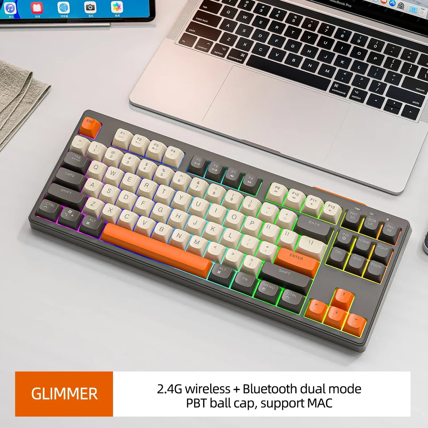 M87 Wireless Bluetooth Dual Mode Keyboard, Mechanical Feeling Gaming Gaming Office Mute PBT Ball Cap Rainbow Light