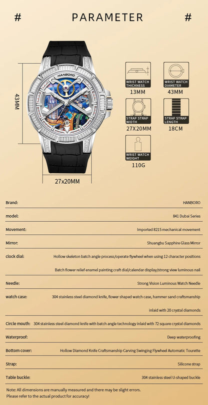 HANBORO Dubai Collection Dubai Characteristic Personalized Dial Frosted Crafted Diamonds Luxury Men's Automatic Mechanical Watch