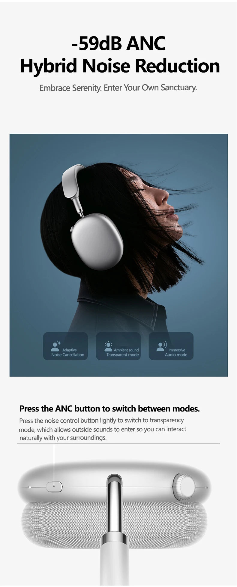 Cuffie wireless Picun F8MAX ANC, cancellazione attiva del rumore ibrida 59dB, audio spaziale, auricolari Bluetooth 6.0, headset over-ear 180H
