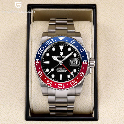 PAGANI DESIGN 40MM GMT Reloj para hombre de lujo con cristal de zafiro AR, reloj mecánico con bisel cerámico, automático, resistente al agua 100M, reloj de regalo