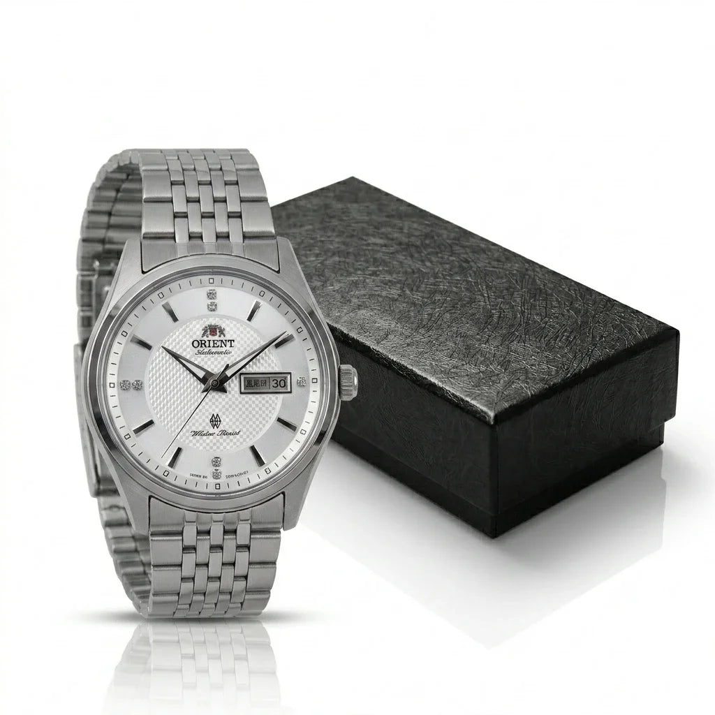 Relógio mecânico automático para homem da Orient, com calendário duplo (data e dia da semana), índices em cristal e bracelete em aço inoxidável – Relógio de pulso de estilo profissional