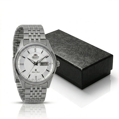 Relógio mecânico automático para homem da Orient, com calendário duplo (data e dia da semana), índices em cristal e bracelete em aço inoxidável – Relógio de pulso de estilo profissional