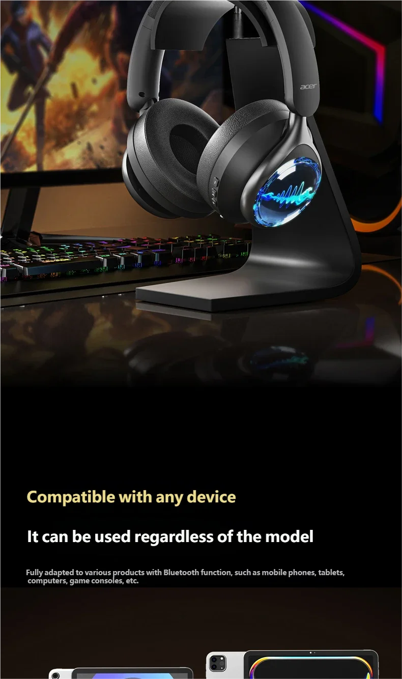 Acer OHR712 Wireless Bluetooth 6.0 Headphones Foldable Over-Ear Headsets with 360° Spatial Sound Effect for Travel Home Office