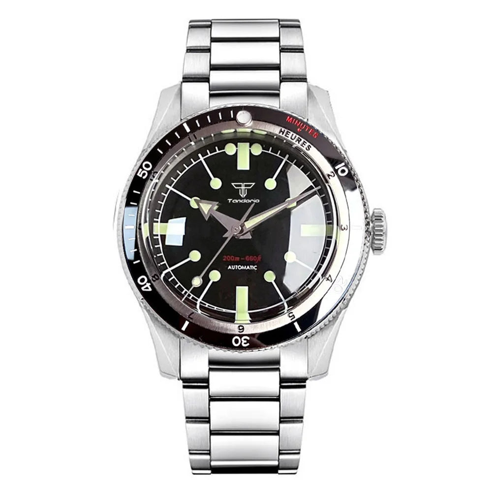 Tandorio NH35A PT5000 Mechanical Mens Watch 20BAR Waterproof Sapphire Luminous Red Black Dial Stainless Steel Bracelet New Clock