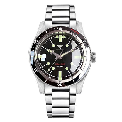 Tandorio NH35A PT5000 Mechanical Mens Watch 20BAR Waterproof Sapphire Luminous Red Black Dial Stainless Steel Bracelet New Clock