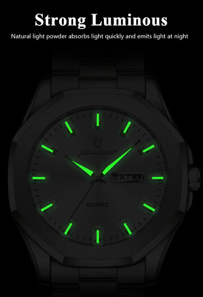 POEDAGAR Luxury Men Wristwatch Waterproof Luminous Week Date Casual Man Clock Stainless Steel Quartz Fashion Men's Watches Reloj
