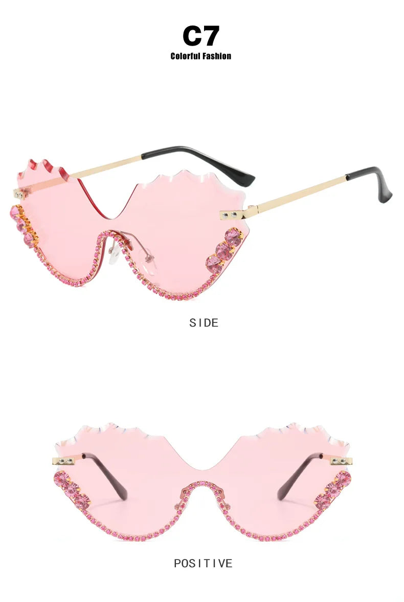 Fashion Luxury Brand Design Diamond Wave Rimless Women Sunglasses Hip Hop Eyewear Outdoor Glasses Unisex Shades Glasses UV400