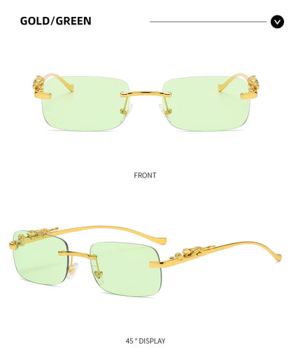 New Rimless Rectangle Vintage Metal Leopard Head Sunglasses Fashion Frameless Tinted Glasses Shades for Women Men