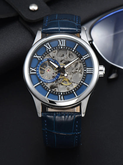 Men’s automatic watch, luxury style, Roman numeral dial, open-worked (skeletonised) movement, water-resistant, luminescent hands, leather strap – An ideal choice as a gift.