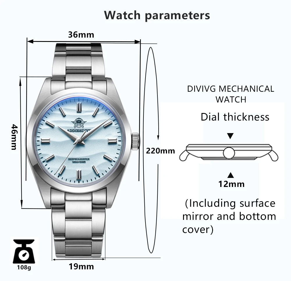 ADDIESDIVE HOT AD2030 36mm Men's Watch Relogios Masculino No Logo Sports Bubble Mirror Pot Cover Glass 10Bar Quartz Wristwatches