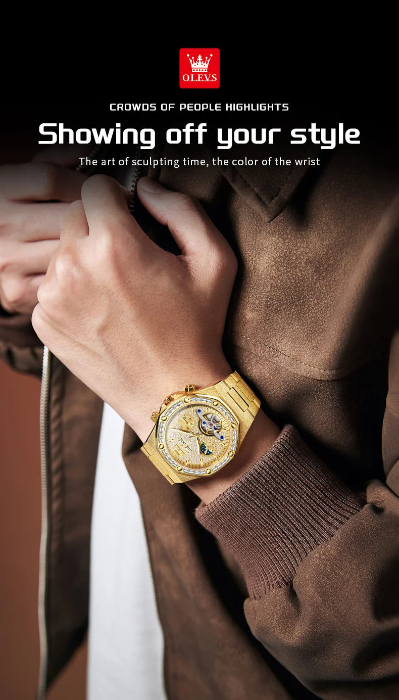 Ceasuri pentru bărbați OLEVS din oțel auriu, ceasuri de lux mecanice automate, ceasuri de mână sport, rezistente la apă, cu tourbillon, Reloj Hombre