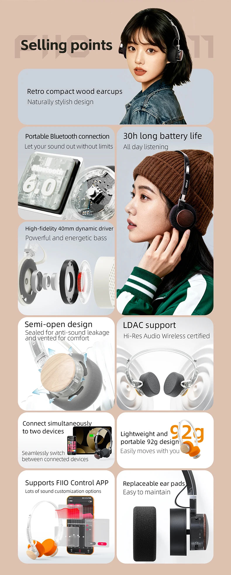 FIIO EH11 On-Ear-Bluetooth-Kopfhörer – Hi-Res LDAC kabelloses Bass-Headset, 30H Akku, Dual-Device-Verbindung & leichtes Retro-Design