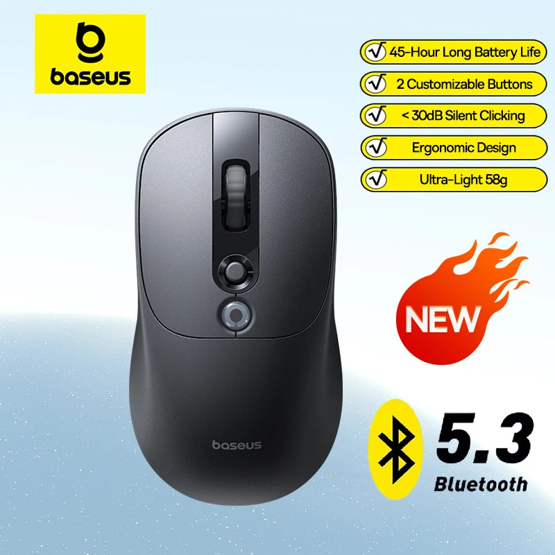 【NAUJIENA】Baseus EM2 ergonominė belaidė pelė, Bluetooth 5.3, 2.4G, Type-C įkrovimas, itin lengva tyli pelė su pritaikomu mygtuku