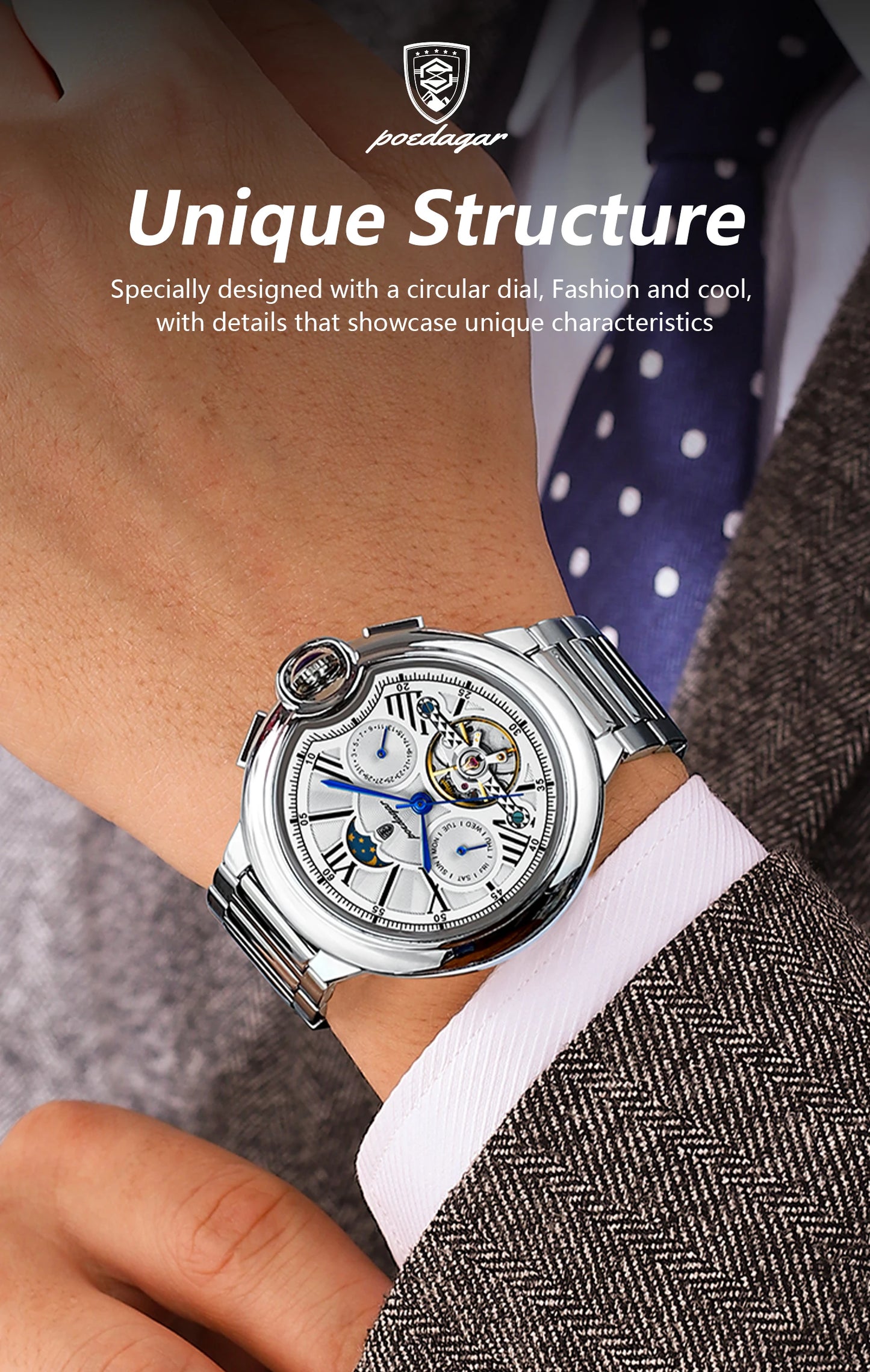 POEDAGAR Luxury Male Watch Tourbillon Date Week Stainless Steel Men Watch Waterproof Automatic Mechanical Military Men's Watches