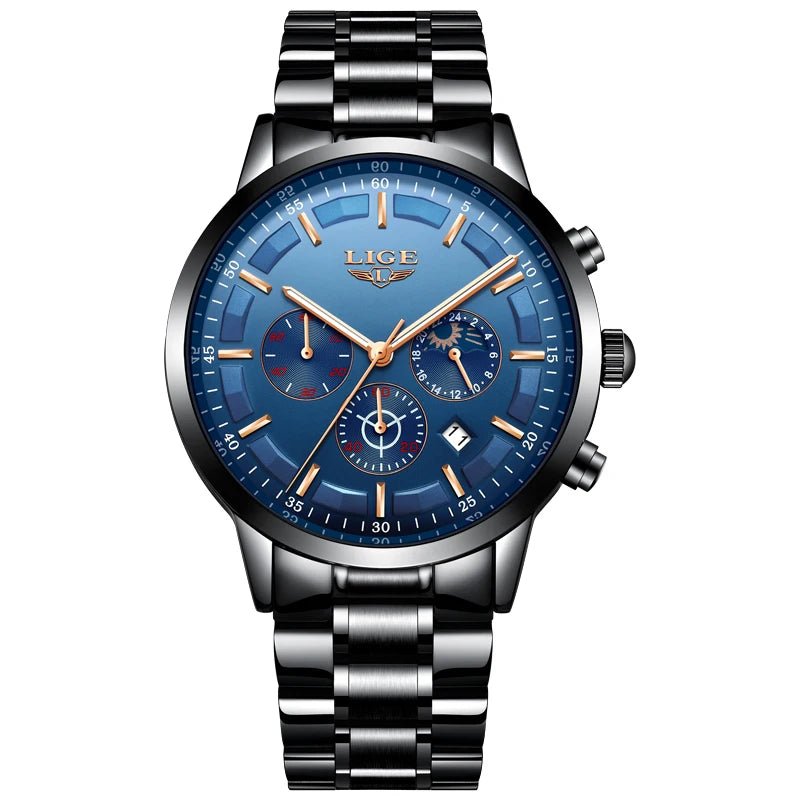 LIGE Men’s Watch – Luxury quartz chronograph, water-resistant (3 bar), with luminescent hands – Gift idea (box included)