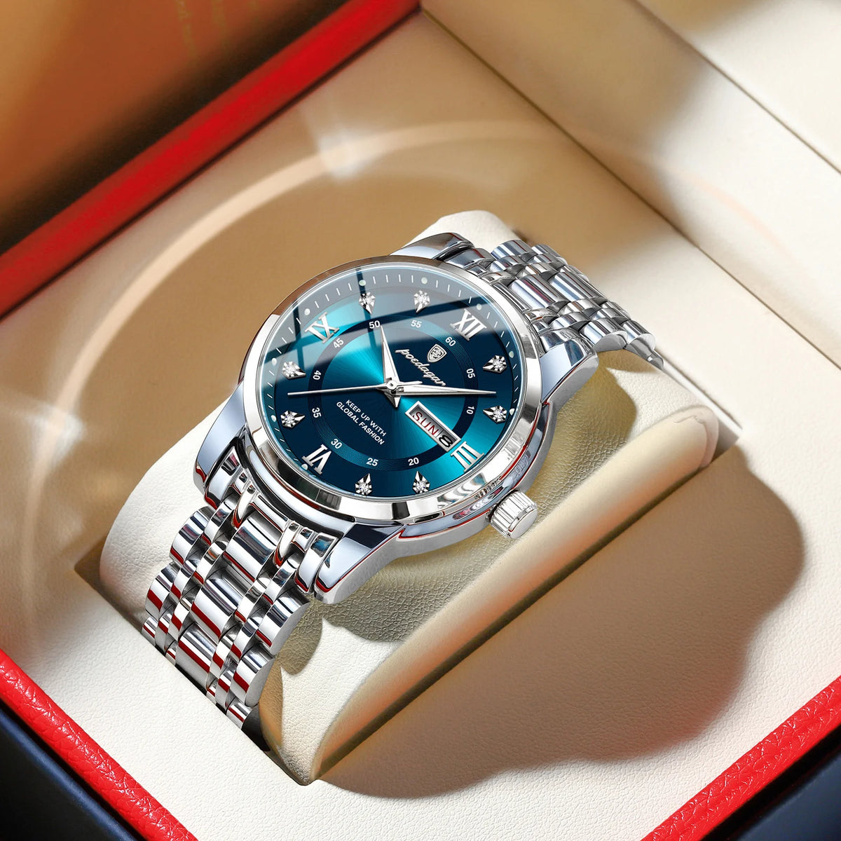 Trendy, luxe POEDAGAR herenpolshorloge, waterdicht, van roestvrij staal, verlicht, met datum en quartz-uurwerk.