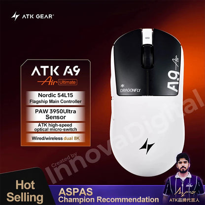 ATK Dragonfly A9 Ultimate belaidė žaidimų pelė A9 Air PAW3950, itin lengva ergonomiška e. sporto FPS žaidėjų pelė CSGO A9 Ultra