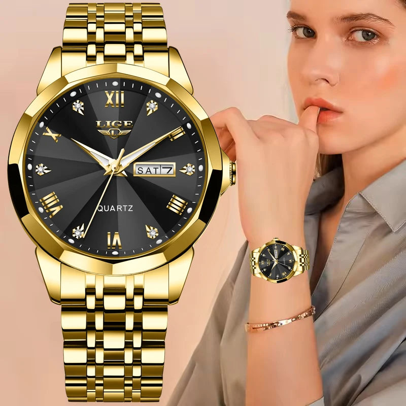Relógio de pulso de quartzo para mulher LIGE – Elegante e luxuoso, com indicação da data e do dia da semana – Relógio simples e à prova de água, ideal como presente para mulher