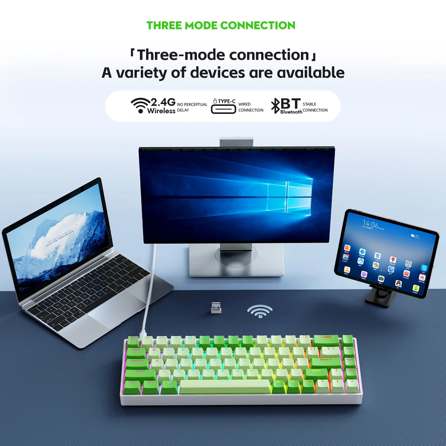 K68 68Key Wireless Mechanical Keyboard Tri-mode Connection, Full Key Hot Swap, RGB lighting Effects, L