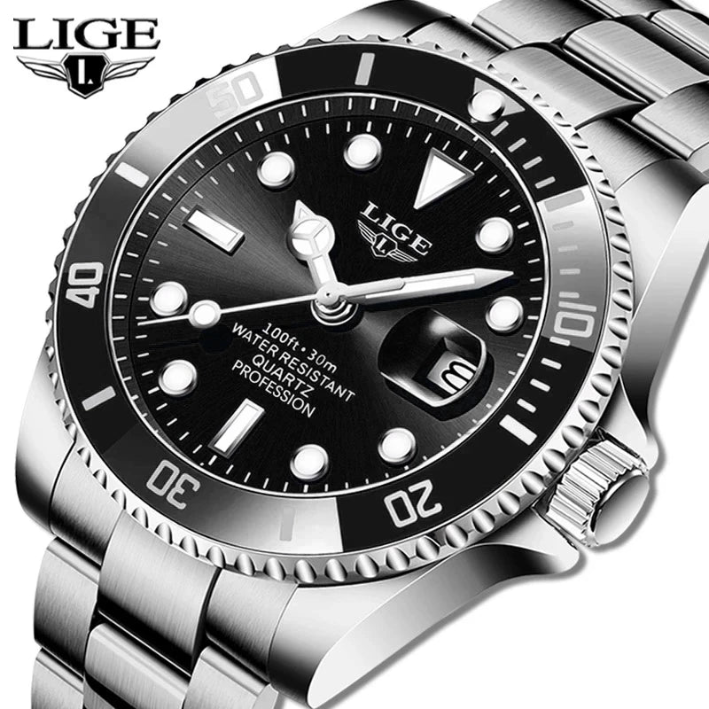 Reloj de buceo de lujo para hombre, de la marca LIGE, resistente al agua hasta 3 ATM, con indicador de fecha, reloj deportivo de cuarzo