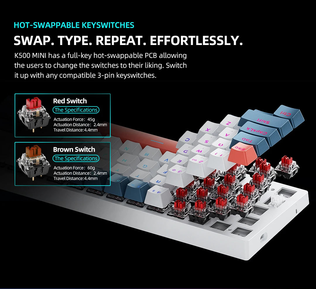 K500-B61 Machenike Mini teclado mecánico, formato 60%, 61 teclas, teclado gaming con cable, teclas totalmente hot-swappable y retroiluminación RGB