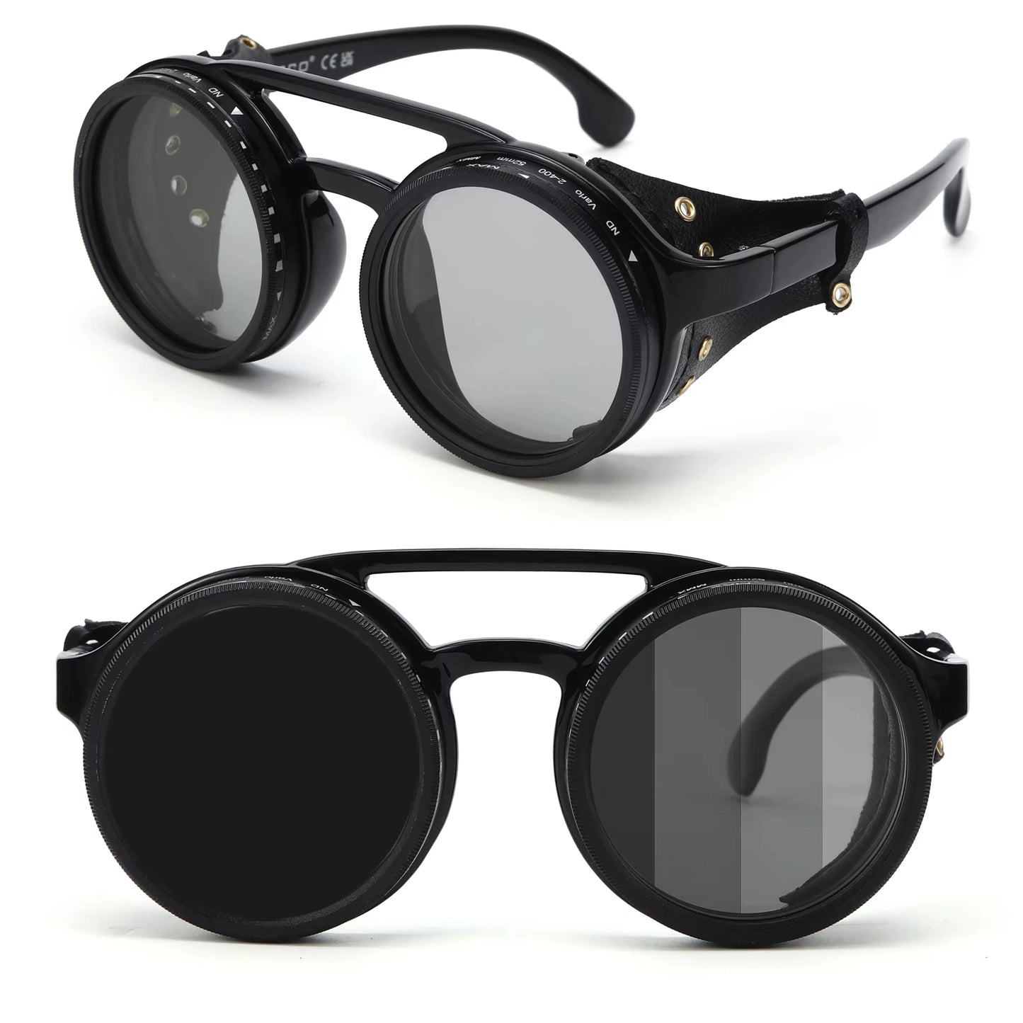 Adjustable 9-Gear ND Filter Steampunk Sunglasses UV400 Round Retro Punk Sun Glasses with Side Shields Leather Patch for Men Wome