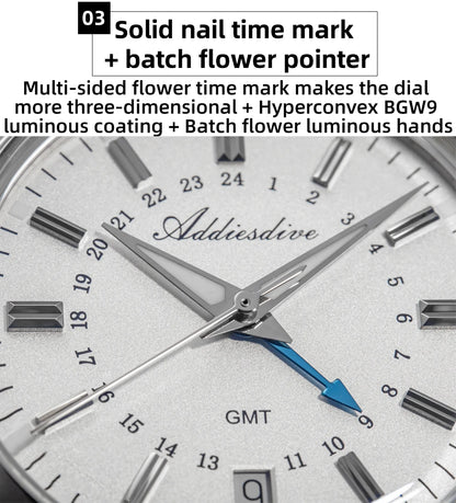 ADDIESDIVE Hot Brand 36mm Luxury GMT Watch Gift for Men 10Bar Waterproof BGW9 Super Luminous 316L Stainless Steel Quartz Watches