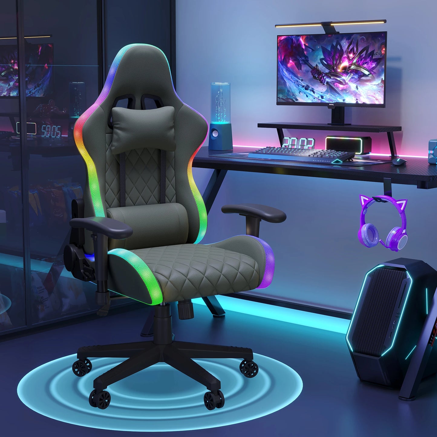 Ergonomic Office Chair with Lumbar Massage, RGB LED Lighting, Reclining Backrest, Adjustable Armrests, Gaming Desk Chair for Home Office