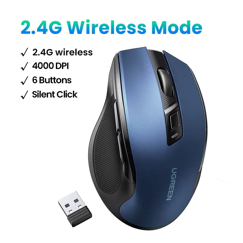 Bezdrátová myš UGREEN Bluetooth 5.0, ergonomická myš 4000 DPI se 6 tichými tlačítky pro MacBook, tablet, notebooky, počítač PC, 2.4G myš