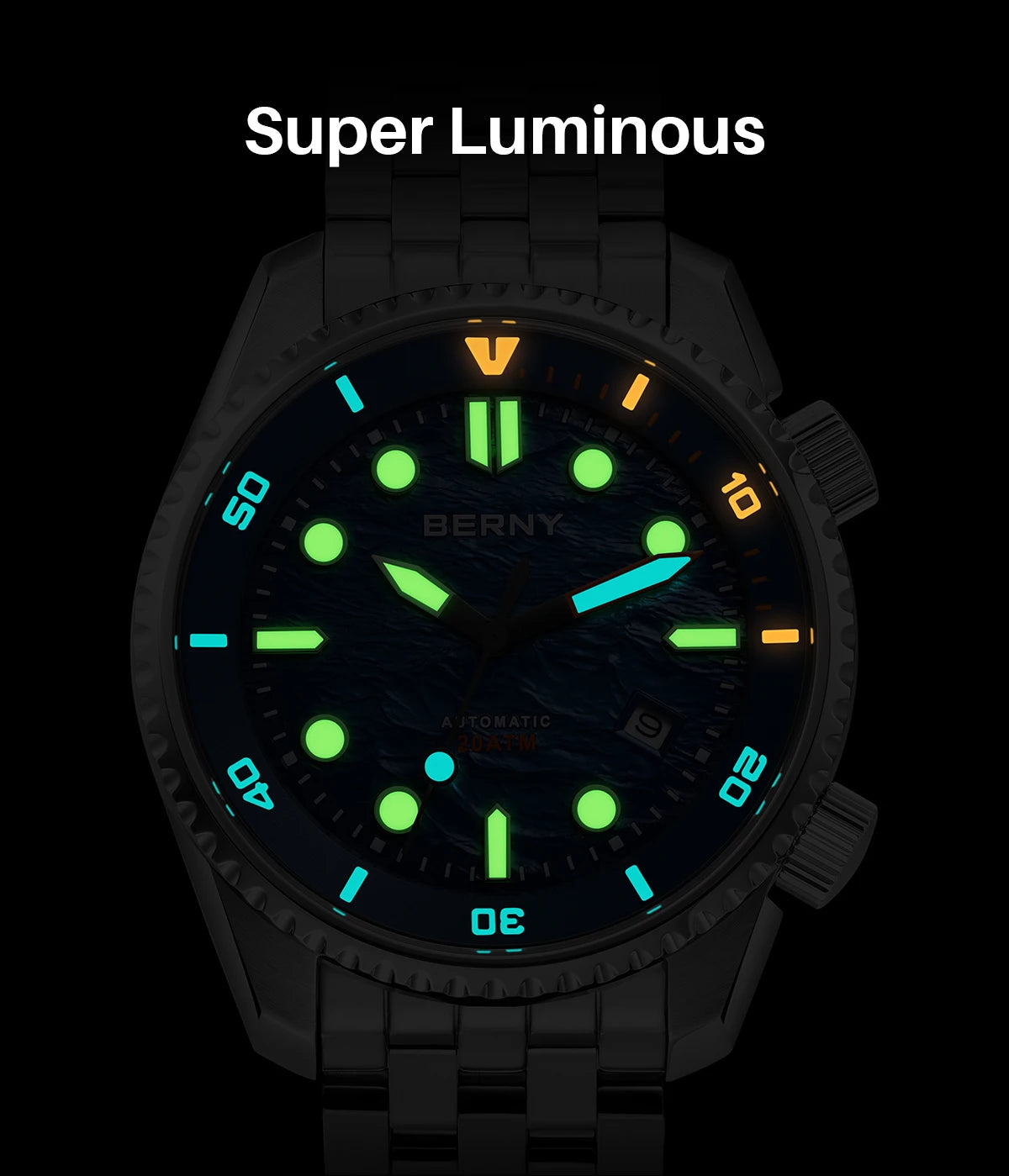 BERNY Automatic Diver Watch for Men Top Luxury Sapphire 316L Steel Blue Dial 200M Waterproof Mechanical Diving Men's Watches