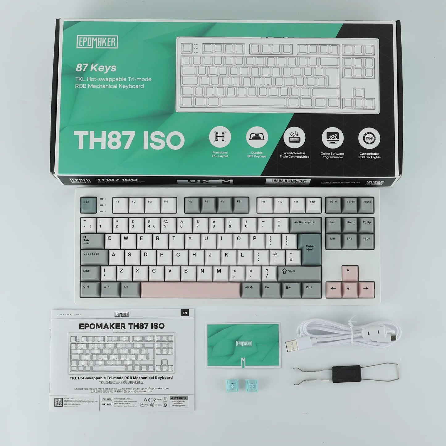 Teclado mecánico EPOMAKER TH87 con distribución ISO-UK TKL, con cable/BT/inalámbrico 2.4Ghz, NKRO, batería de 10000mAh y luz RGB