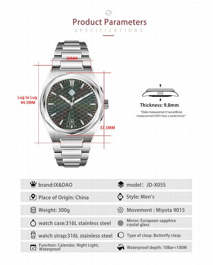 IX&DAO 2025 Neu 37mm Warrior Herren-Automatikuhr mit Miyota 9015 Uhrwerk, Saphirglas, Edelstahl, wasserdicht bis 10Bar, BGW