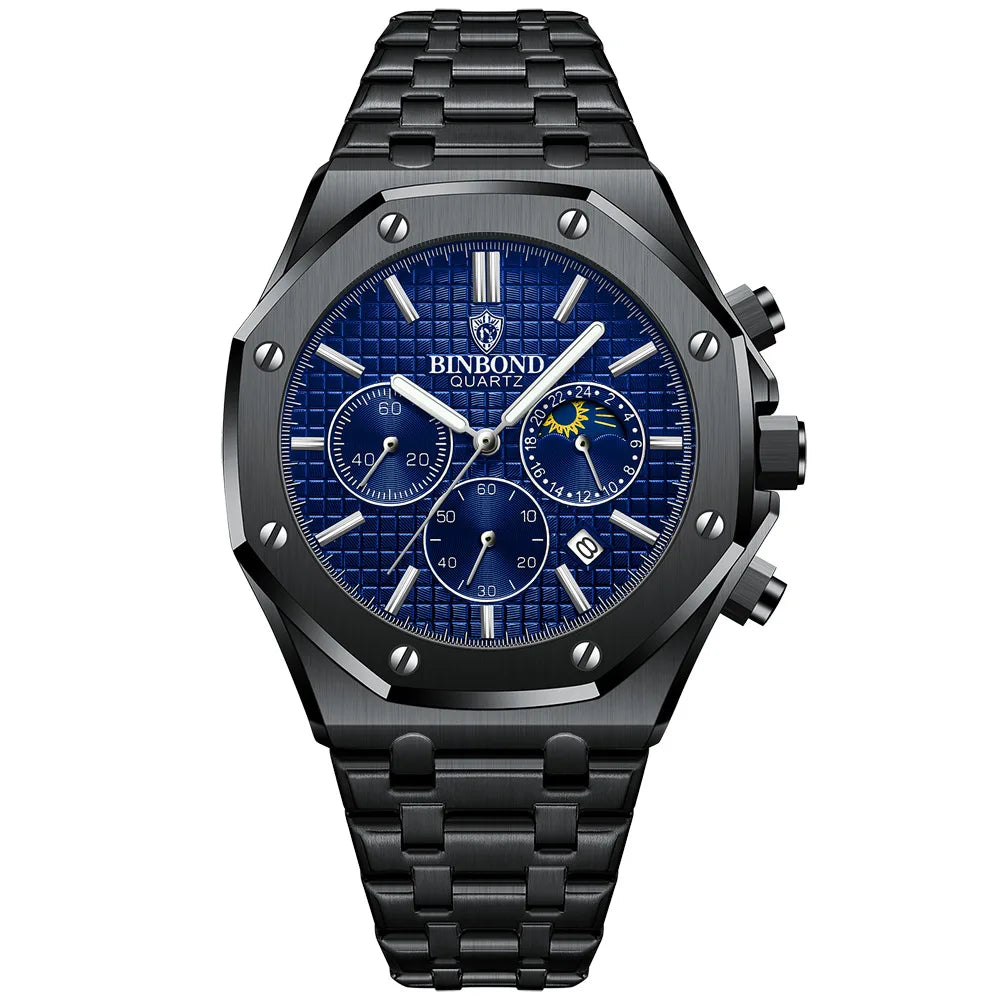 BINBONG B0161 Top Brand Man Business Quartz Watch Chronograph Wristwatch Stainless Steel Strap 30M Waterproof Luxury Men Watch
