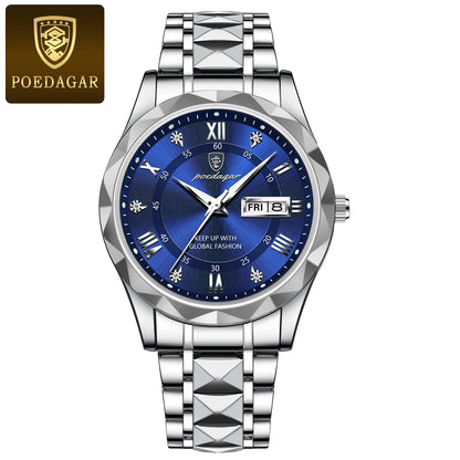 Montre homme POEDAGAR Business Luxury, étanche, en acier inoxydable, lumineuse, avec date et jour de la semaine, style sport, à quartz.