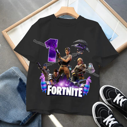 Fortnite Kindergeburtstag Zahlen-T-Shirt für Mädchen und Jungen, Sommerkleidung, Baby-Baumwoll-T-Shirt, Party-Kurzarm-Oberteil, Geschenk für Kleinkinder