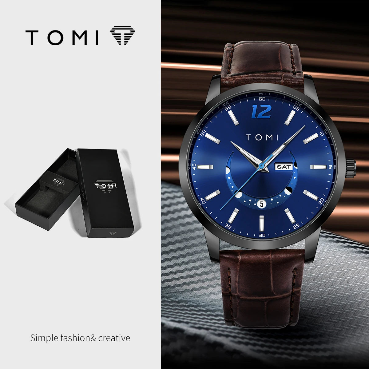 Ceas cu cuarț TOMI, stil business și elegant, cu brățară din piele, carcasă din aliaj și cadran cu ace – Design de înaltă calitate, idee de cadou pentru bărbați