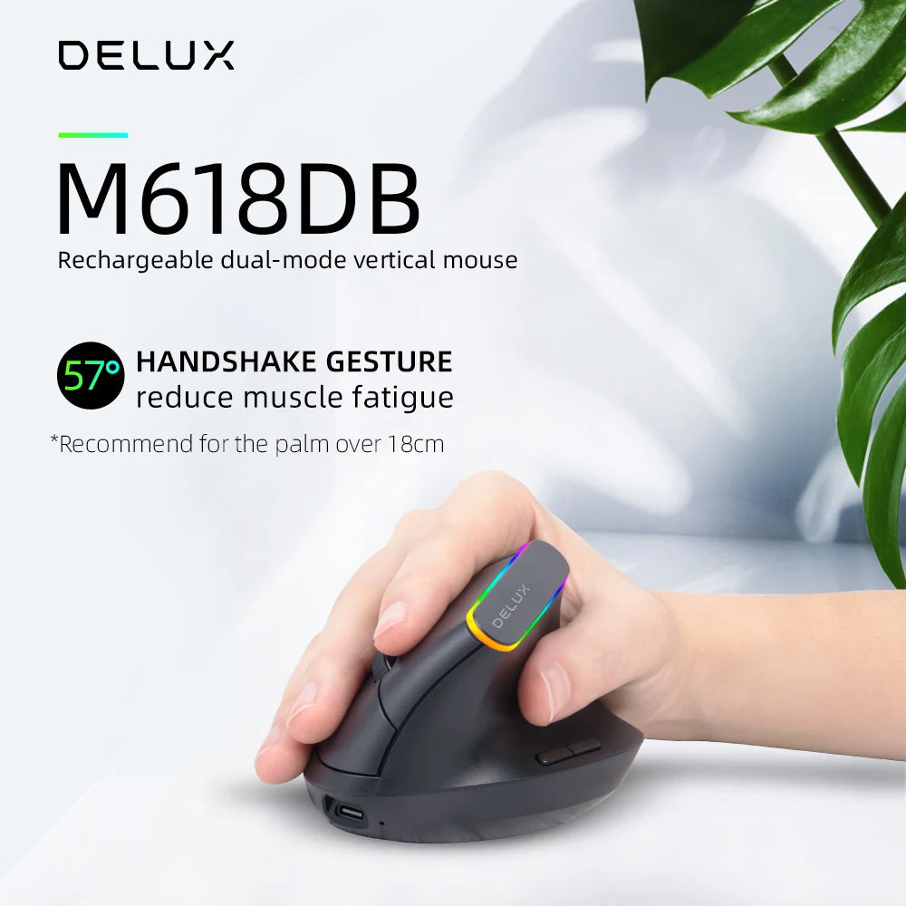 Delux  Ergonomic Vertical Mouse Rechargeable Wireless RGB Mouse Bluetooth 2.4G  4000DPI Gaming Silent Mice For Laptop PC