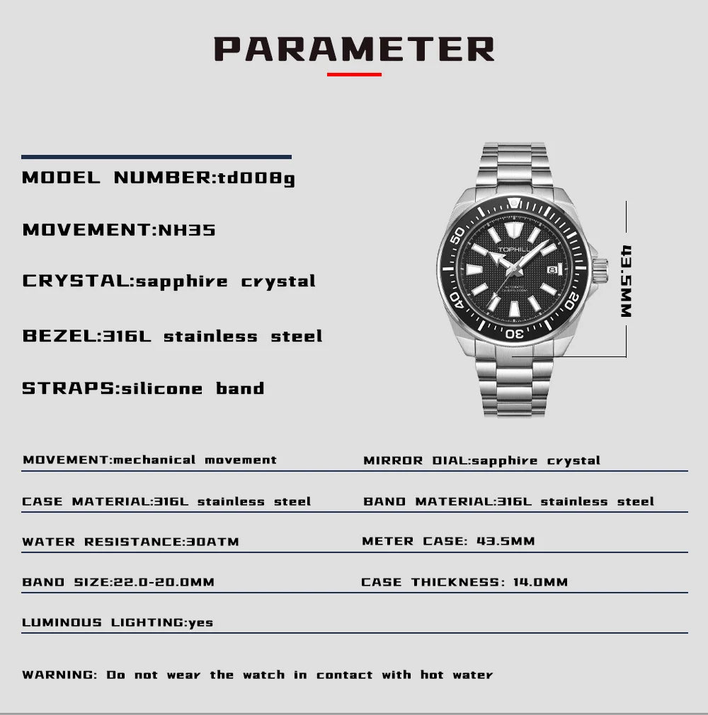TOPHILL Men's Automatic Watches Men Dive Watch 300m Waterproof Mechanical Wristwatch NH35 Super Luminous Clocks Sapphire Mirror