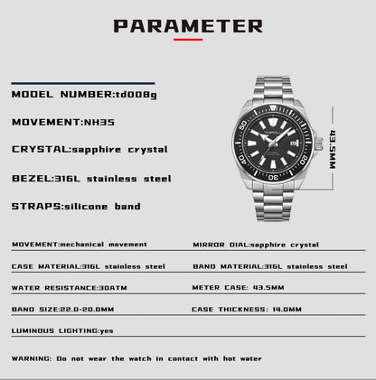 TOPHILL Men's Automatic Watches Men Dive Watch 300m Waterproof Mechanical Wristwatch NH35 Super Luminous Clocks Sapphire Mirror
