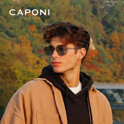 CAPONI Pure Titanium Photochromic Sunglasses Rimless Polarized Driving Men's Sun Glasses Ultra Light UV400 Brand Shades BS28923