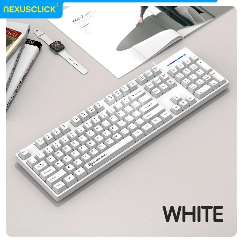 Conjunto Teclado e Rato Sem Fios NexusClick para Gaming e Escritório, Poupança de Energia Inteligente, Tamanho Completo, 104 Teclas, 1600DPI Ajustável, USB para Portátil e PC