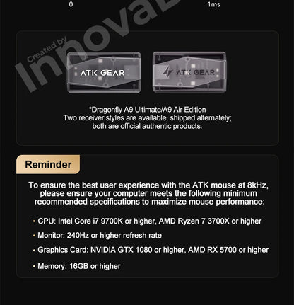 ATK Dragonfly A9 Ultimate belaidė žaidimų pelė A9 Air PAW3950, itin lengva ergonomiška e. sporto FPS žaidėjų pelė CSGO A9 Ultra