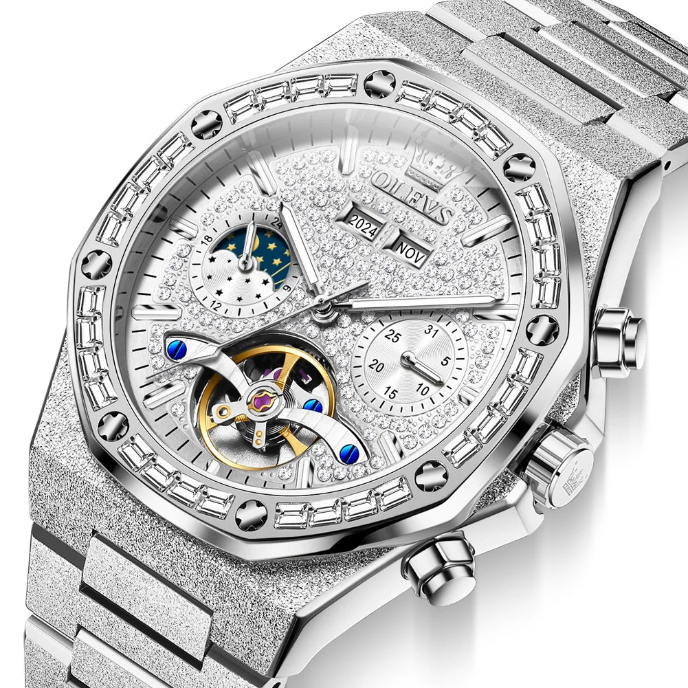 Ceasuri pentru bărbați OLEVS din oțel auriu, ceasuri de lux mecanice automate, ceasuri de mână sport, rezistente la apă, cu tourbillon, Reloj Hombre