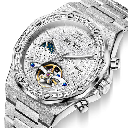 Ceasuri pentru bărbați OLEVS din oțel auriu, ceasuri de lux mecanice automate, ceasuri de mână sport, rezistente la apă, cu tourbillon, Reloj Hombre