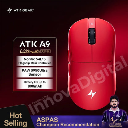 ATK Dragonfly A9 Ultimate belaidė žaidimų pelė A9 Air PAW3950, itin lengva ergonomiška e. sporto FPS žaidėjų pelė CSGO A9 Ultra