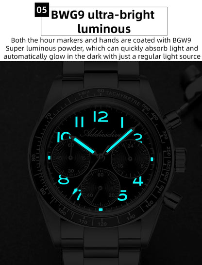 ADDIESDVIE Men Watch Reloj Hombre 10Bar Waterproof AD2517 BGW9 Super Luminous 316L Stainless Steel VK63 Chronograph Quartz Watch